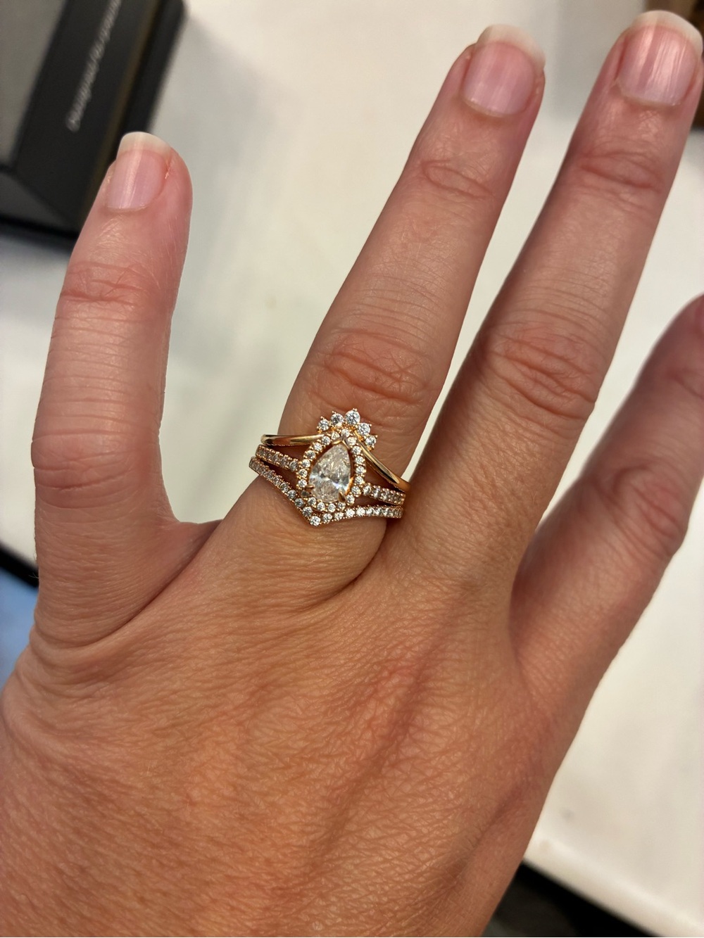 Pandora Rose Gold Pear Halo Diamond Ring Set - Women Jewelry